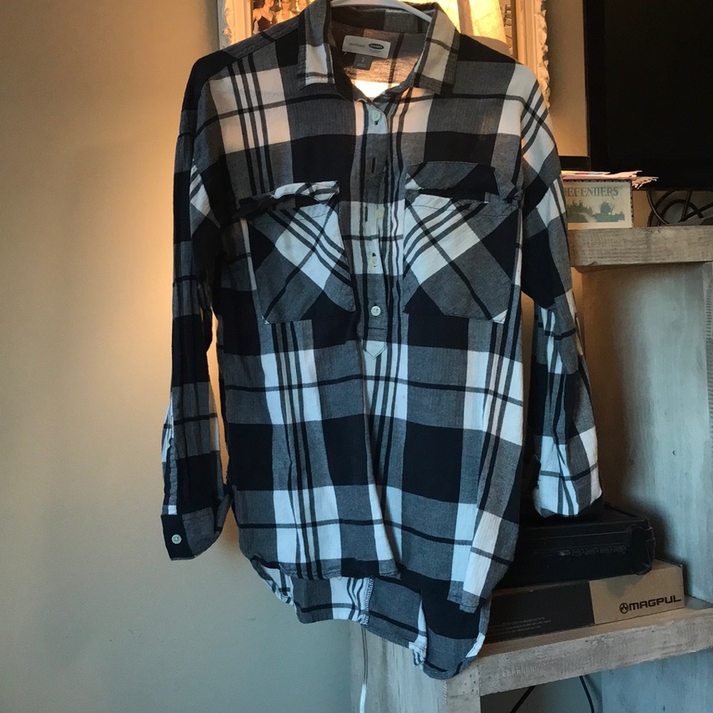 Navy Blue and white flannel button up shirt